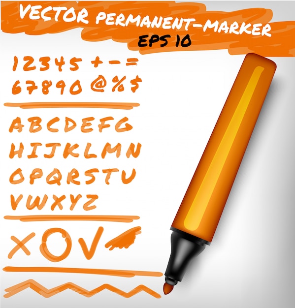 プレミアムベクター オレンジ色の永続的なマーカーペン 手書きの数字セット 数字 図 アルファベットのチェック記号 プラス ライン フェルトペン イラスト
