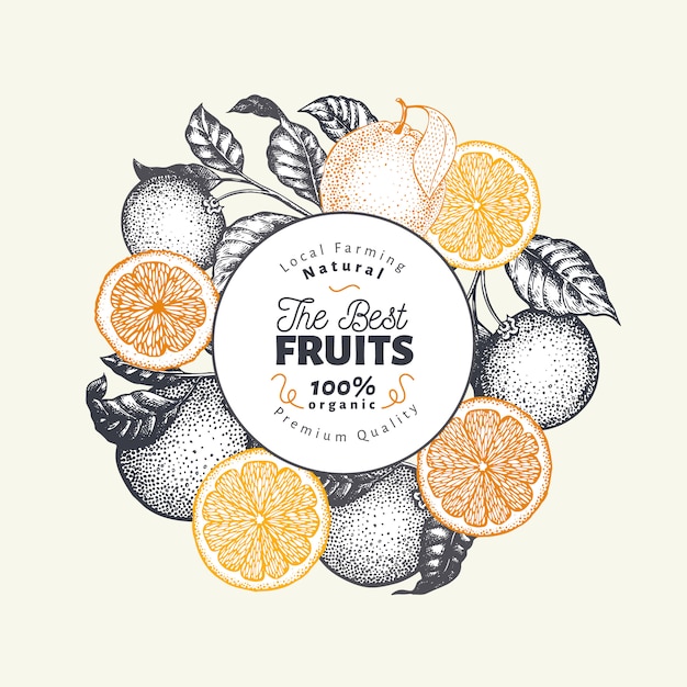 オレンジ色の果物のデザインテンプレート 手描きベクトルフルーツイラスト 刻まれたスタイルのバナー レトロな柑橘類の背景 プレミアムベクター