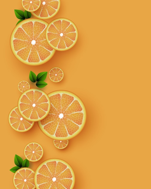 オレンジ色の果物の背景 葉とオレンジの部分をスライスしました ベクトルイラスト プレミアムベクター