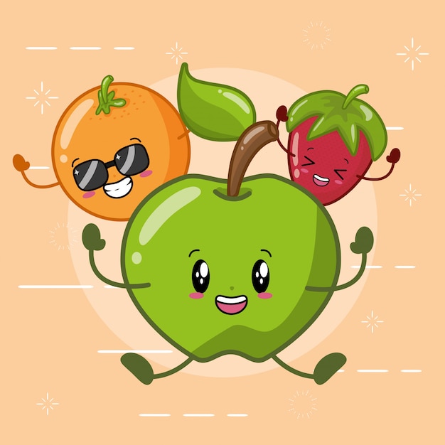 Orange, green apple and strawberry smiling in kawaii style. Free Vector