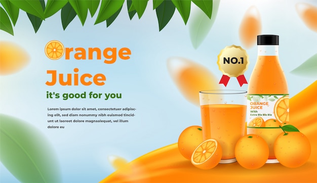 Orange juice ads. glass and bottle of orange juice with oranges and leaves Premium Vector