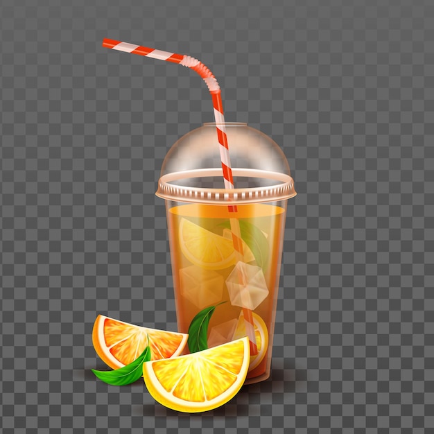 角氷とストローベクトルとオレンジジュースカップ プレミアムベクター