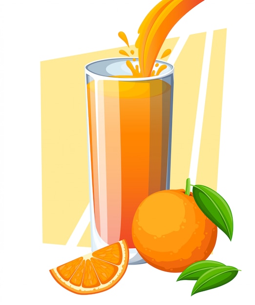 オレンジジュース ガラスの新鮮なフルーツドリンク オレンジのスムージー ジュースの流れと完全なガラスのスプラッシュ 白い背景のイラスト Webサイトページとモバイルアプリ プレミアムベクター
