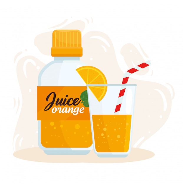 ボトルとグラスのオレンジジュース プレミアムベクター