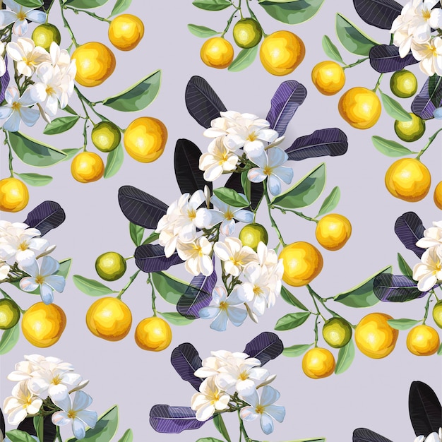 Orange and plumeria flower seamless pattern | Premium Vector