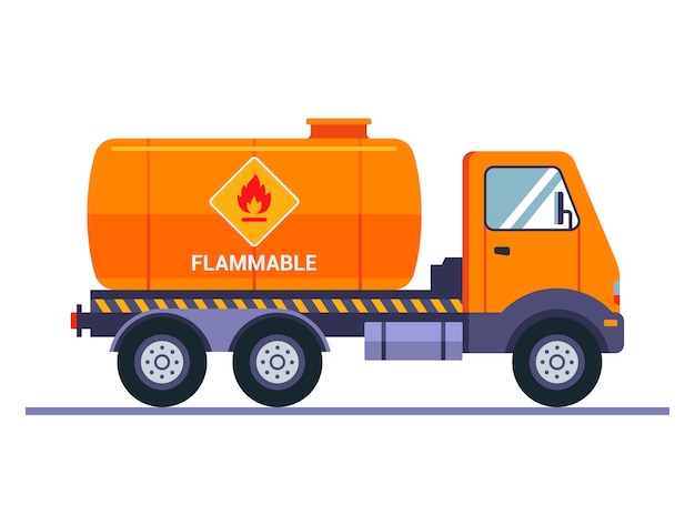 オレンジ色のタンクローリーはガソリンを運びます 碑文の注意は可燃性です 液体貨物の輸送 プレミアムベクター