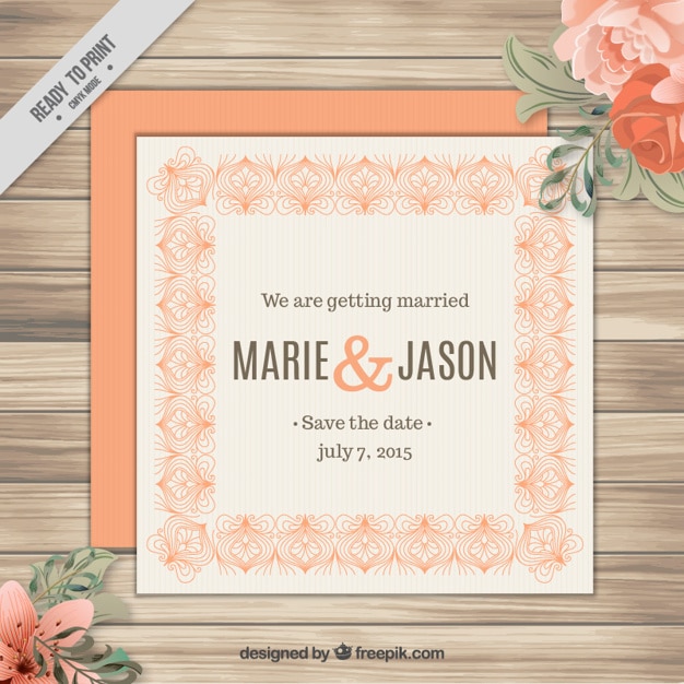 Download Orange vintage wedding invitation with ornaments | Free Vector