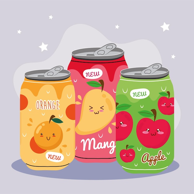 缶製品のマンゴーとリンゴのカワイイジュースフルーツキャラクターとオレンジ プレミアムベクター