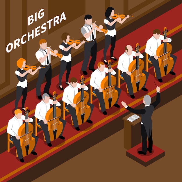 オーケストラミュージシャンとクラシック音楽コンサート等尺性組成物3 Dベクトルイラストで実行する指揮者 無料のベクター