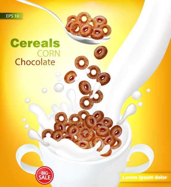 Download Organic chocolate cereals with milk splash mockup | Premium Vector