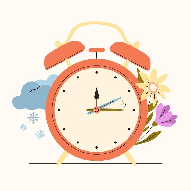 時計と花の有機フラット春時間変更イラスト 無料のベクター