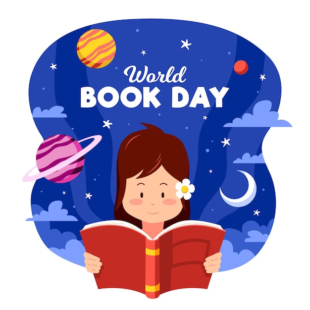 女性の読書と有機フラット世界図書日イラスト 無料のベクター
