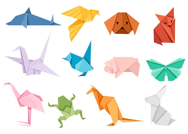 折り紙日本動物セット 現代の趣味 白い背景のイラスト カラフルな紙の動物 低多角形 プレミアムベクター
