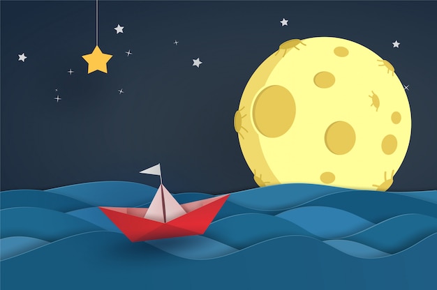 Premium Vector Origami Red Boat In The Ocean On Sea Wave With Night Sky And Full Moon Vector Illustrator Design In Paper Cut Concept