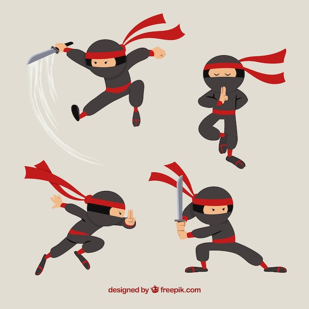 Original ninja character collection with flat design Free Vector