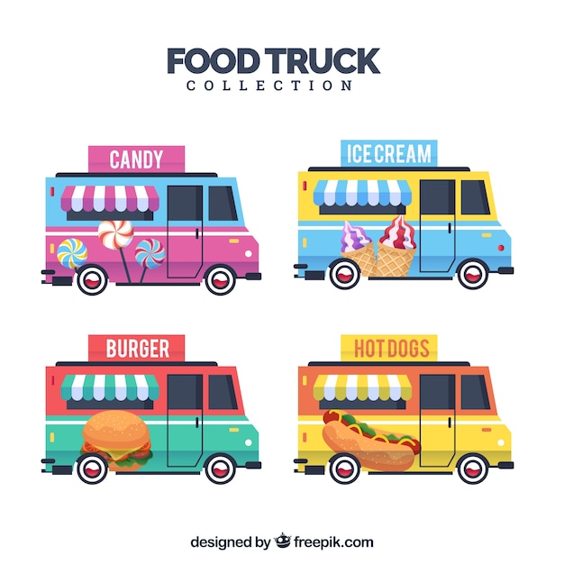 Original set of colorful food trucks