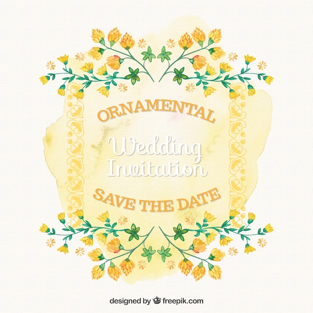 Ornamental wedding card with watercolor yellow\
flowers