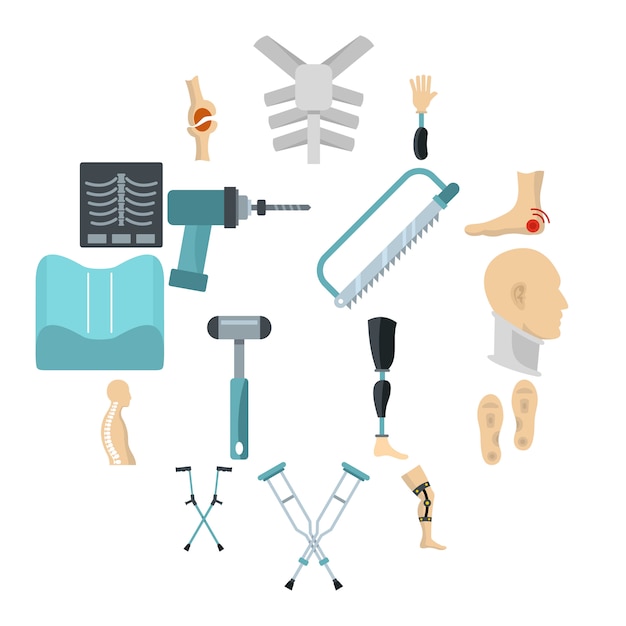 Premium Vector | Orthopedics prosthetics icons set in flat style