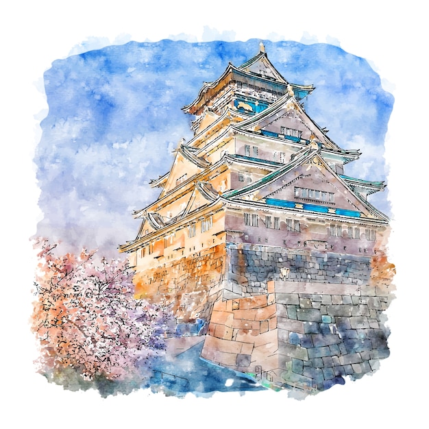 大阪城日本水彩スケッチ手描きイラスト プレミアムベクター