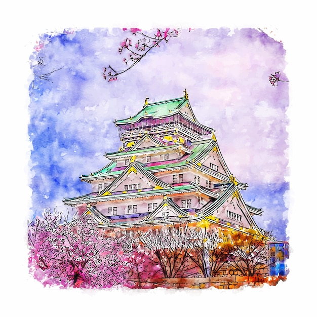 Download Premium Vector | Osaka castle japan watercolor sketch hand ...