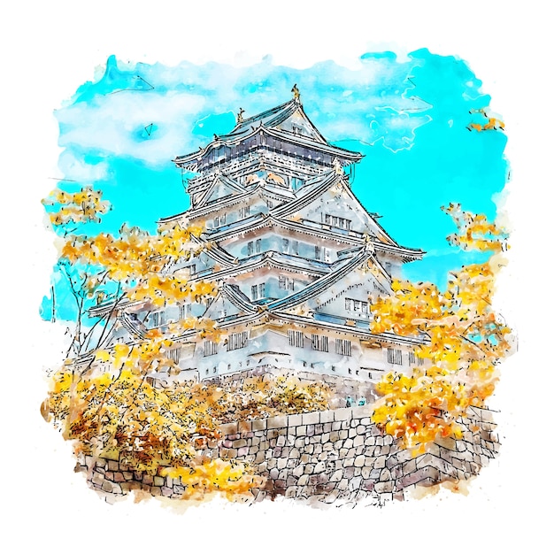 プレミアムベクター 大阪城日本水彩スケッチ手描きイラスト