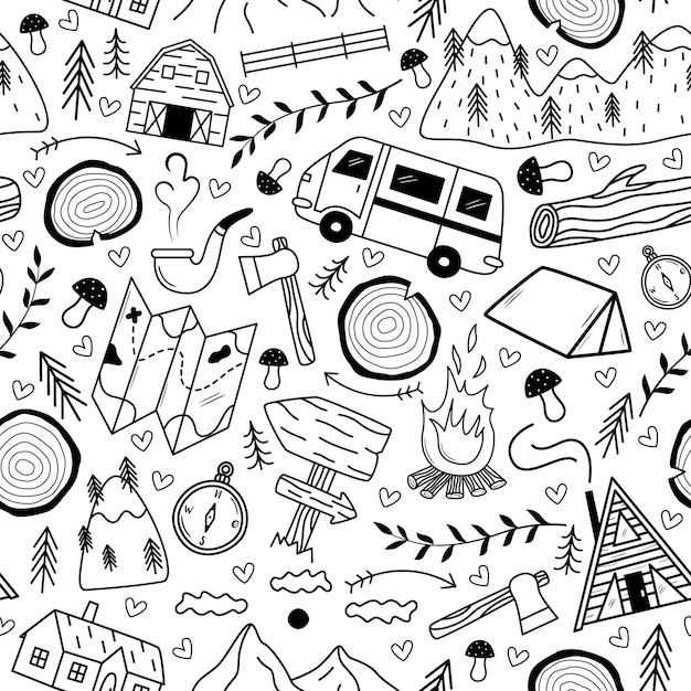 Premium Vector | Outdoor camping hiking and travel seamless doodle ...