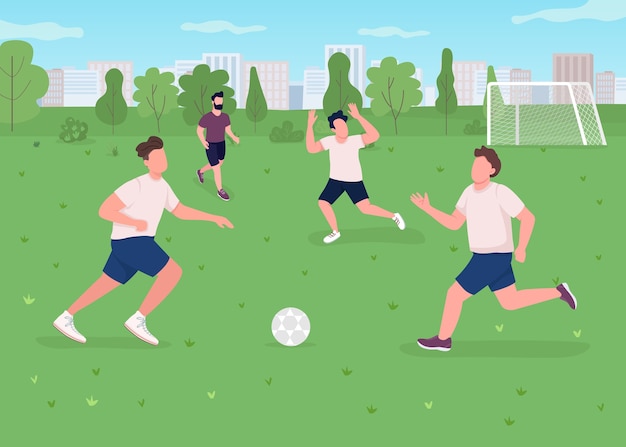 Premium Vector Outdoor Football Match Flat Color Illustration Sportsman Playing Game Athletes On Field With Goal Active Lifestyle Soccer Team 2d Cartoon Characters With Urban Park On Background