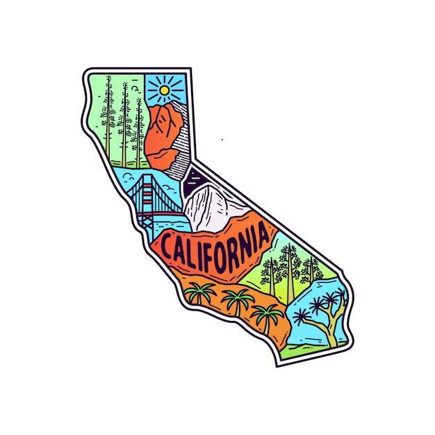 カリフォルニアの地図と屋外モノラインイラスト プレミアムベクター