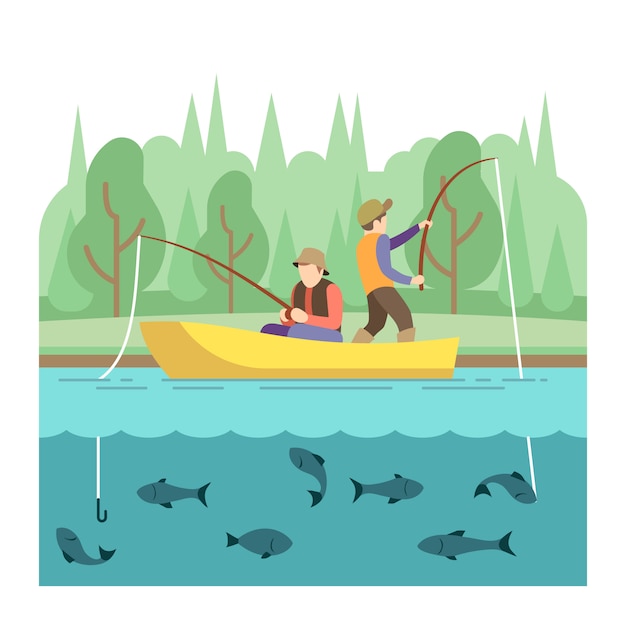夏の野外活動 釣りスポーツベクトルの概念 夏休み釣り イラストoutdo プレミアムベクター