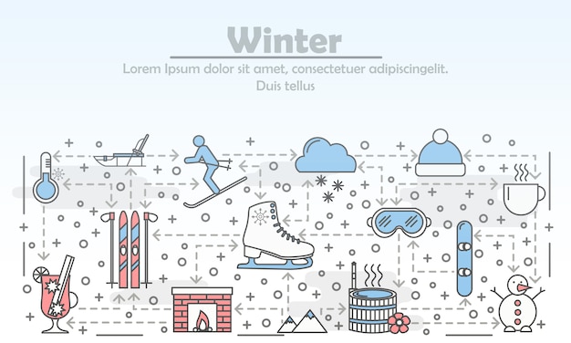 フラットラインアートイラストを広告する屋外の冬の活動 プレミアムベクター