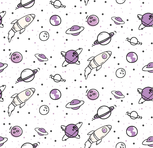 Outer space seamless pattern in kawaii doodle style | Premium Vector