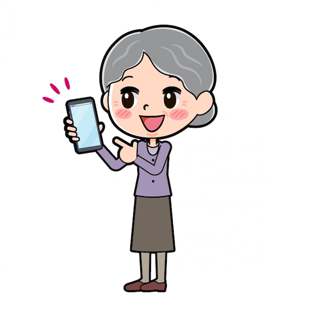 Download Outline of grandma pointing at smartphone | Premium Vector