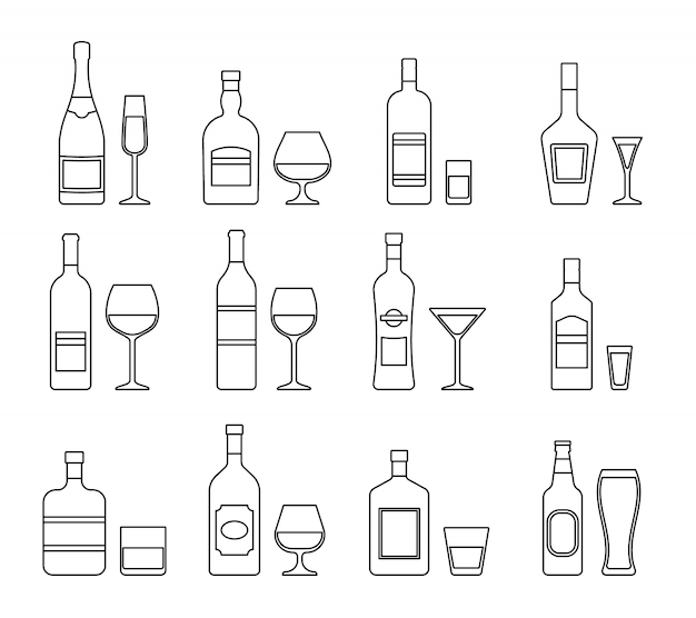 Premium Vector | Outline icons of alcohol bottles beverages and glasses ...