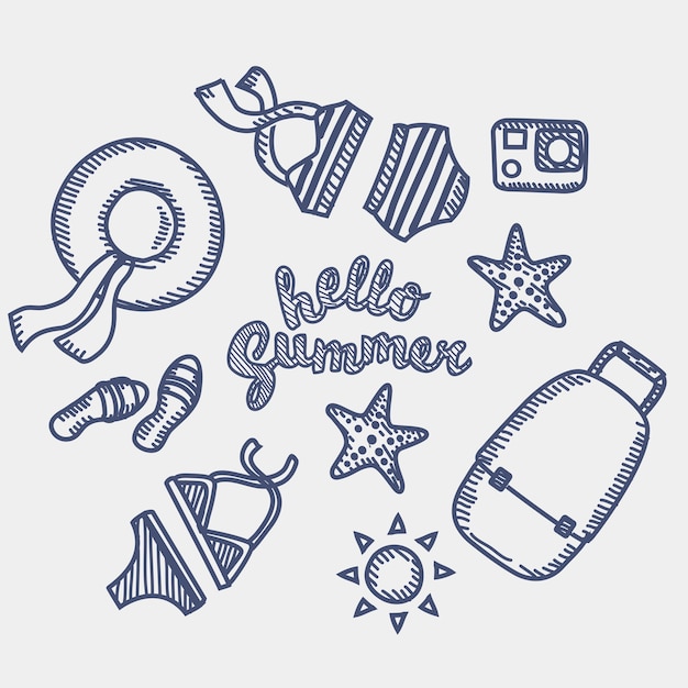 ペンで描かれた手描きの休暇とビーチの要素の概要イラストセット プレミアムベクター