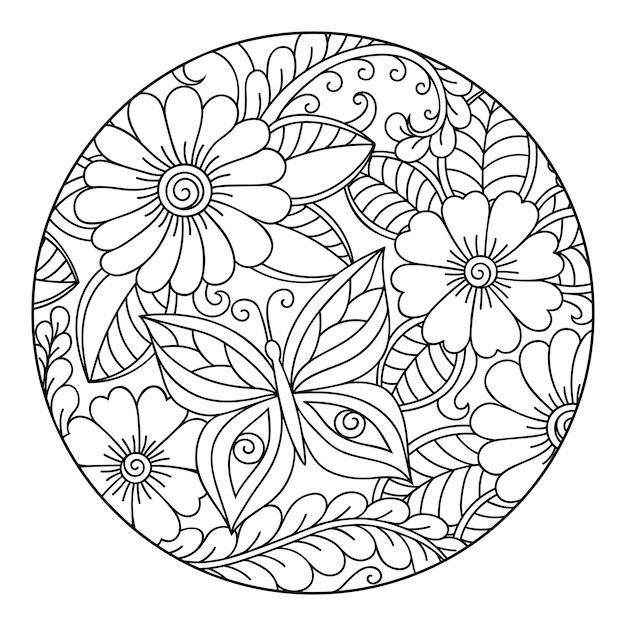 ページを着色するための丸い花柄の概要を説明します 黒と白の落書きのパターン 手描きイラスト プレミアムベクター