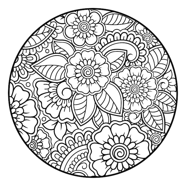 ページを着色するための一時的な刺青スタイルの丸い花のパターンの輪郭を描きます 白黒の落書き飾り 手描きイラスト プレミアムベクター