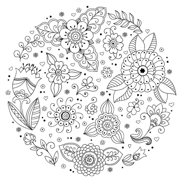 Download Outline round flower pattern in mehndi style for coloring ...