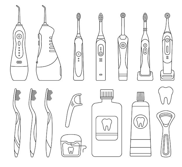 Premium Vector Outline Set Of Dental Cleaning Tools And Oral Care