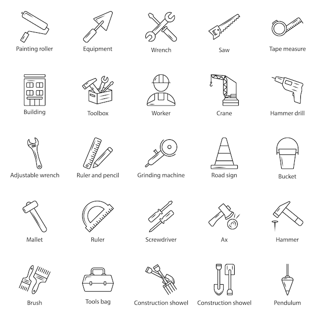 Outline web icons set - building, construction and home repair tools. Premium Vector
