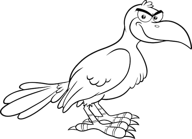 輪郭を描かれた笑顔のカラスの鳥の漫画のキャラクターイラストが白い背景で隔離 プレミアムベクター