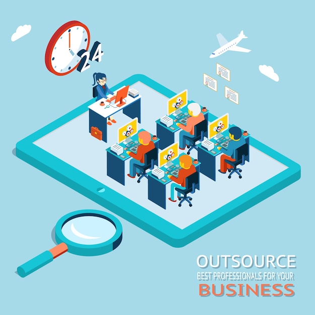 Outsourcing the best professionals for business advice, counseling. global work marketplace in web. office with people working at the computer Free Vector