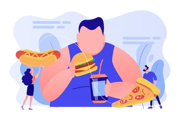 Overweight man eating burger, tiny people giving fast food. overeating addiction, binge eating disorder, compulsive overeating treatment concept. pinkish coral bluevector isolated illustration Free Vector