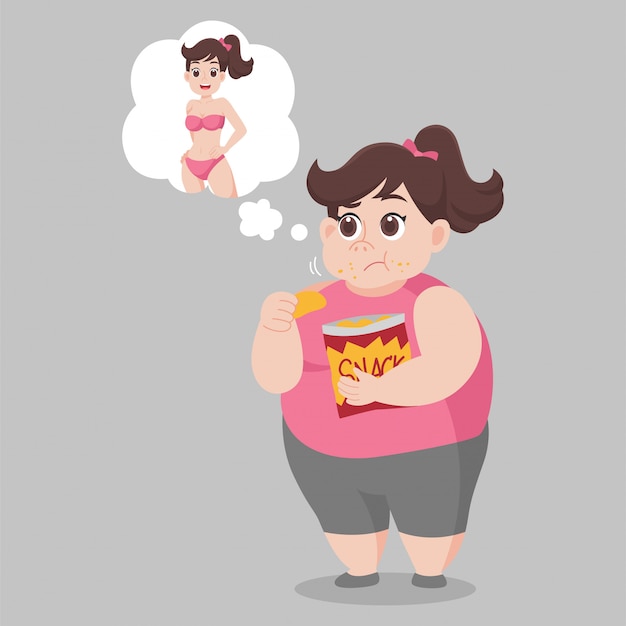 太りすぎの女性がおやつを食べて 細身の女性になりたい プレミアムベクター