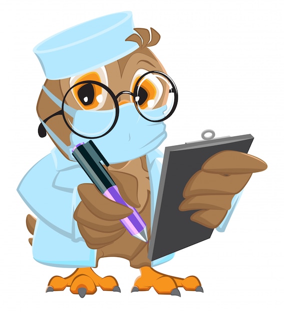 Premium Vector | Owl doctor in mask holds clipboard and pen