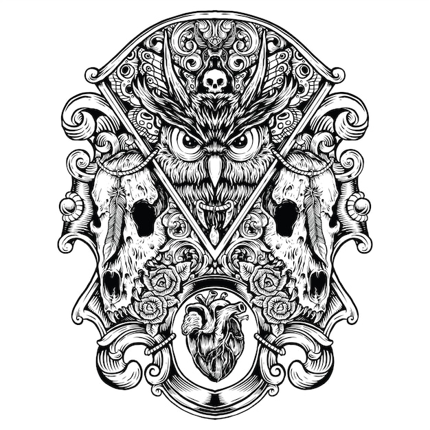 Owl evil with wold skulls hand drawing artwork combination black and ...