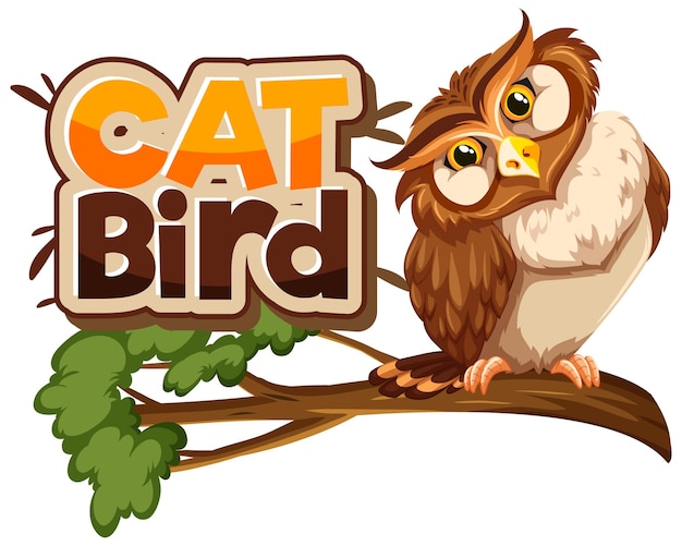 分離された猫の鳥のフォントバナーと枝の漫画のキャラクターのフクロウ 無料のベクター