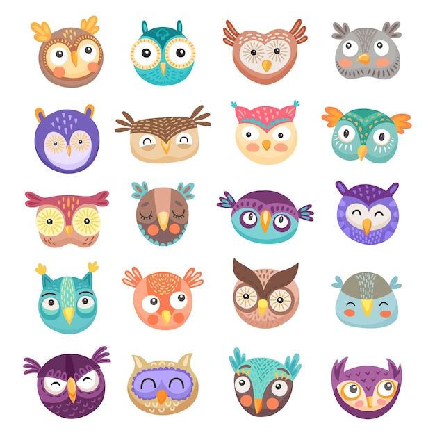 Premium Vector | Owl and owlet faces cartoon of cute birds of prey with ...