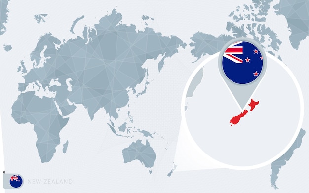 拡大されたニュージーランドの太平洋中心の世界地図 ニュージーランドの旗と地図 プレミアムベクター
