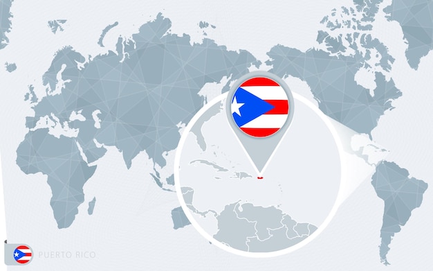 拡大されたプエルトリコの太平洋中心の世界地図 プエルトリコの旗と地図 プレミアムベクター