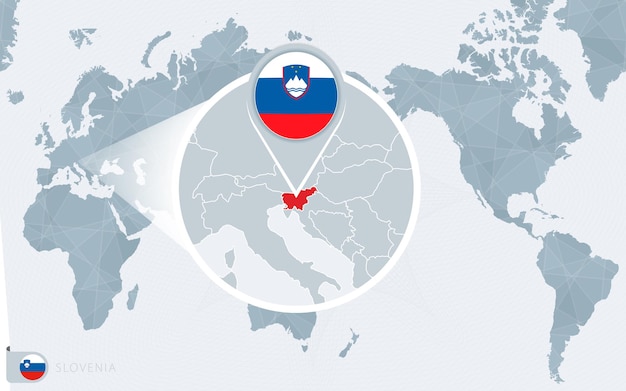 拡大されたスロベニアの太平洋中心の世界地図 スロベニアの旗と地図 プレミアムベクター